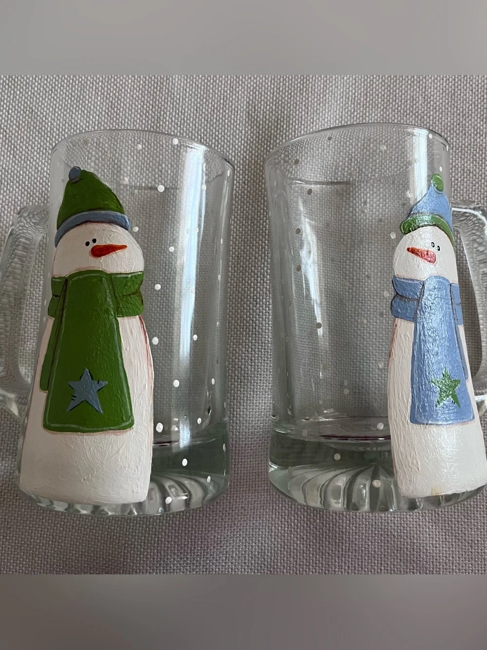 Hand-Painted Snowman Glass Mugs - Green & Blue Accents